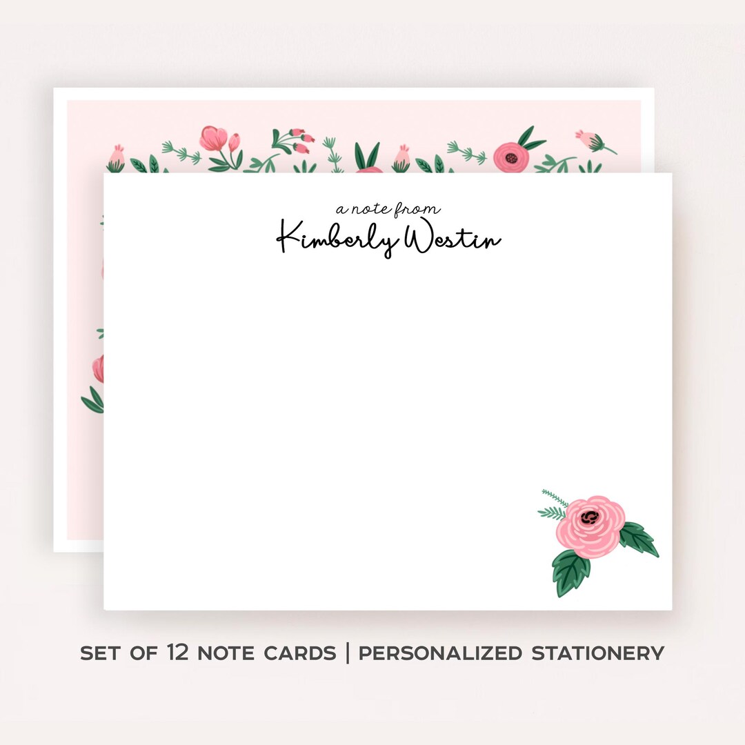 Personalized Pink Floral Stationery Set • Custom Name Flat Notecards ...