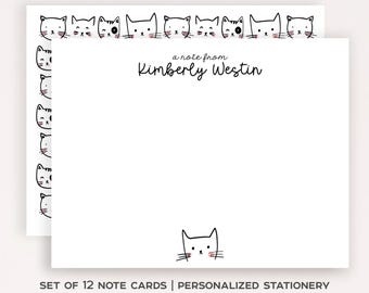 Personalized Cat Stationery Custom Notecard Flat Note Card Cute Cat Stationery Gift Thank You Notecard Custom Name Stationery Set of 12