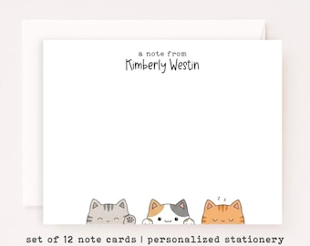 Personalized Cat Stationery Set • Custom Name Flat Notecards • Cute Cat Thank You Cards • Cat Lover Gift • Set of 12