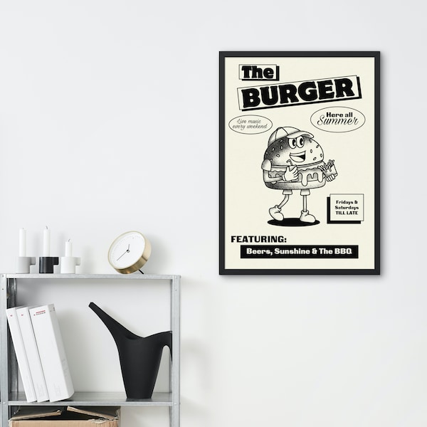 Retro burger print / colour options, A5 A4 A3 + / graphic design print / retro cartoon poster / vintage kitchen wall art