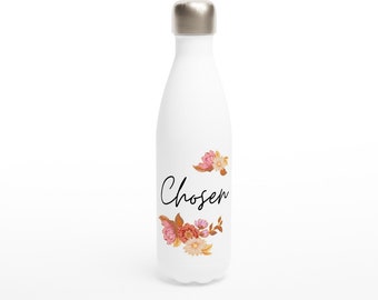 Chosen | 17oz Stainless Steel Vacuum Flask | Christian Water Bottle | Religious Faith Gifts for her | Floral travel cup | Bible verse quote