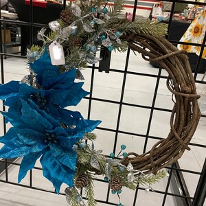 14” Blue Poinsettia Grapevine Wreath