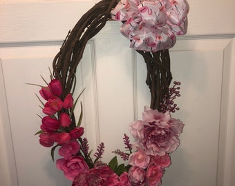 14x21” Spring/Summer Grapevine Floral Wreath with Pink Ombré Flowers