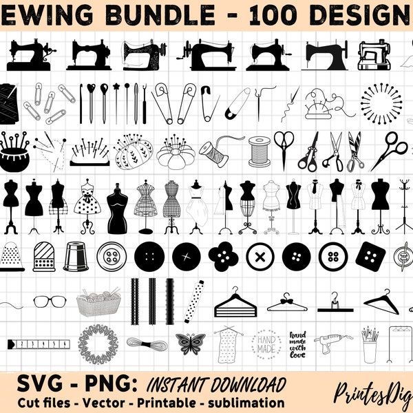 100 Couture Svg Png Bundle, Machine à coudre svg png, Pin coussin svg png, Fil à l'aiguille, Dé à coudre, Tailleur, Fil, Artisanat, Ciseaux Couper des fichiers