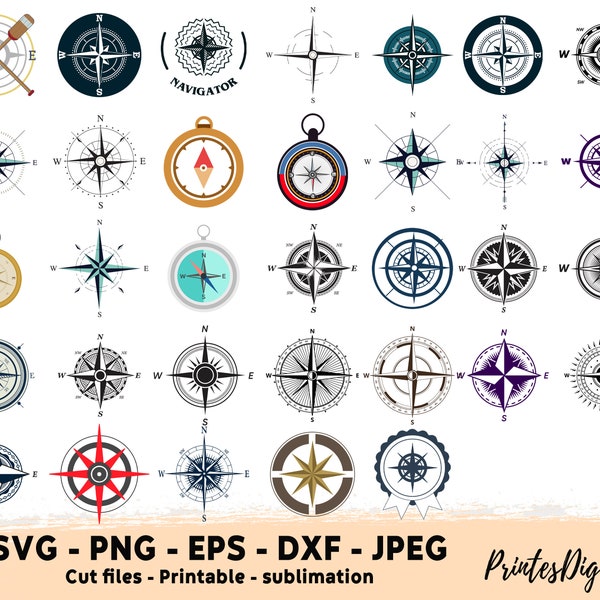 33 Nautical Compass Svg, Nautical Compass png, Compass svg, Compass clipart png, Compass Rose Svg File for Cricut, Wine direction, Navigate