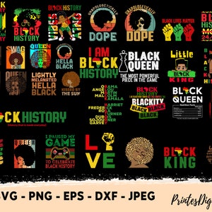Puede incluir: Una colección de diseños digitales con temas del Mes de la Historia Negra. Los diseños incluyen texto, ilustraciones y gráficos con frases como "Black History", "Black Queen", "Black King", "I Am Black History", "Black Lives Matter" y "Unapologetically Dope".