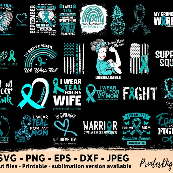 26 Ovarian Cancer Svg Png, In September we Wear Teal, Ovarian Cancer Awareness Svg, Teal Ribbon svg png, Pcos png svg, ovarian cancer ribbon