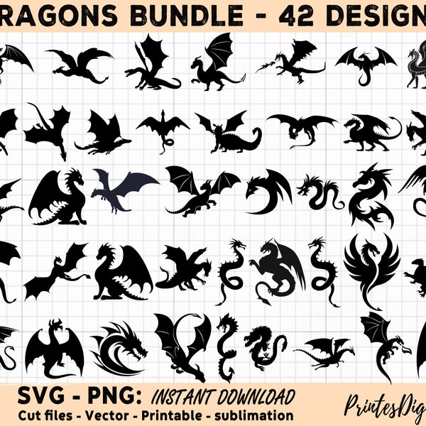 42 Dragons bundle Svg Png, Dragon logo svg png, Dragon Silhouette, Dragon Svg, Dragon Png, Dragon Cut File, Dragons Svg Png Printable