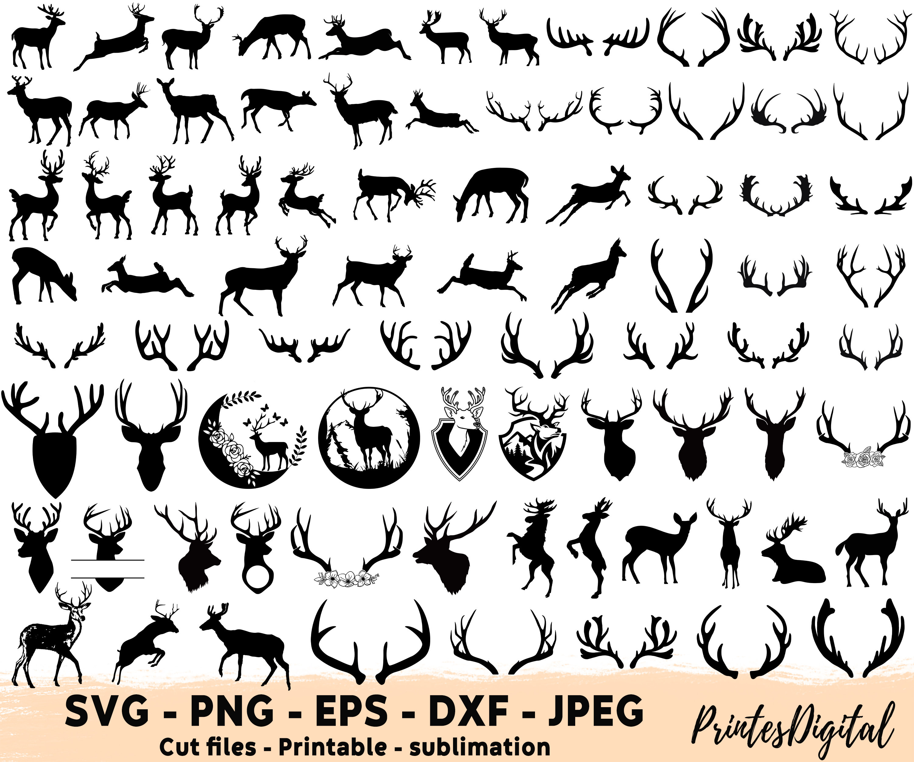 80 Deer Svg, Deer Png, Deer Antlers Svg, deer hunting svg, Deer silhouette, Deer Head SVG, Buck Rack svg, Reindeer svg png cut file clip art