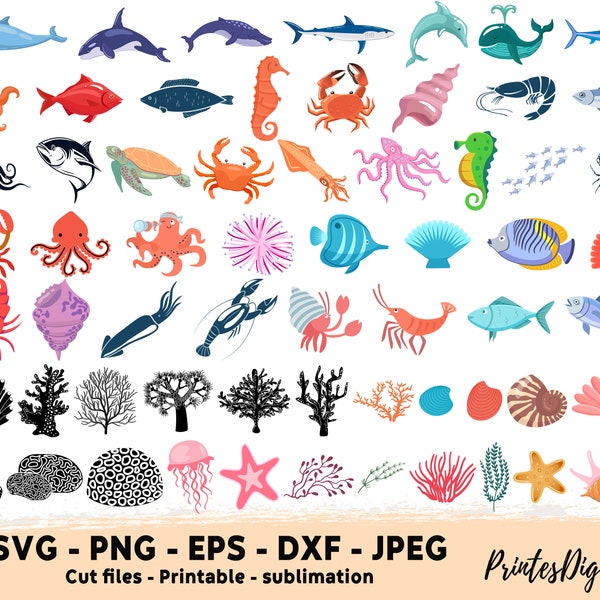 61 sea creatures svg, Fish Svg,fish png, Seagrass Corals, Turtle Jellyfish Starfish Seahorse seashell, Ocean Animals svg, under the sea svg