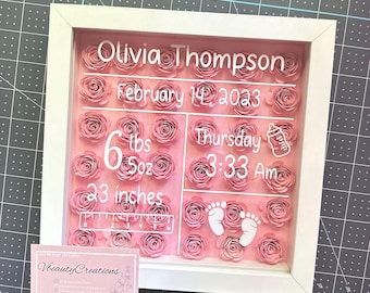 May include: A white square shadow box frame containing pink paper roses and white vinyl text. The text reads Olivia Thompson, February 14, 2023, 6 lbs 5 oz, 23 inches, Thursday, 3:33 Am, a baby bottle icon, a ruler graphic, and two baby footprints.