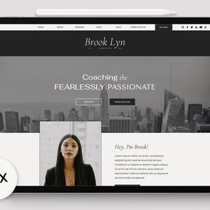 Peut inclure: Capture d'&eacute;cran d'un site Web montrant un portrait d'une femme et le texte "Coaching the FEARLESSLY PASSIONATE" sur un fond de ville en noir et blanc. Le site Web est intitul&eacute; "Brook Lyn Coaching".