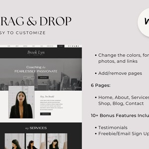 Peut inclure: Une maquette de site Web pour une entreprise de coaching appel&eacute;e "Brook Lyn - Coaching the Fearlessly Passionate". Le site Web pr&eacute;sente une photo en noir et blanc d'un horizon urbain, un portrait d'une femme et une section intitul&eacute;e "my SERVICES". Le site Web est construit avec Wix.