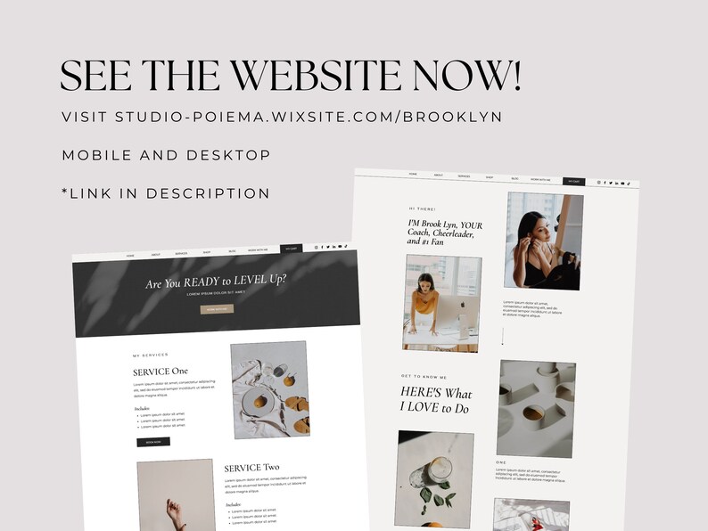 Peut inclure: Capture d'&eacute;cran d'un site web avec un design minimaliste et du texte qui dit "Are You READY to LEVEL Up?" et "I'M Brook Lyn, YOUR Coach, Cheerleader, and es Fan". Le site web pr&eacute;sente &eacute;galement des images d'une femme et d'un produit.