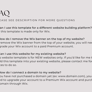 Peut inclure: Une page de questions fr&eacute;quentes (FAQ) avec quatre questions et r&eacute;ponses sur l'utilisation d'un mod&egrave;le de site Web Wix. Les questions incluent&nbsp;: Puis-je utiliser ce mod&egrave;le pour une autre plateforme de cr&eacute;ation de site Web&nbsp;? Comment supprimer la banni&egrave;re Wix en haut de mon site Web&nbsp;? Puis-je utiliser ce site Web pour mon site Web existant&nbsp;? Comment connecter un domaine &agrave; mon site Web&nbsp;?