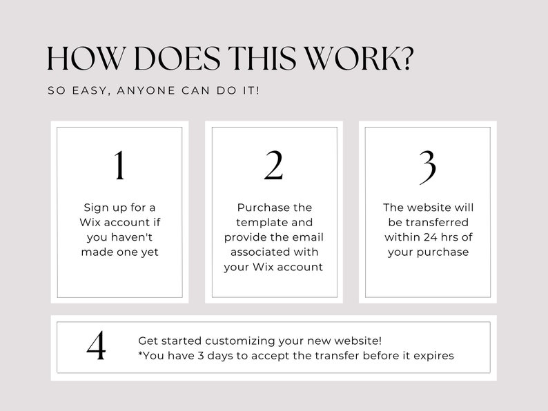 Peut inclure: Un guide en quatre &eacute;tapes sur la fa&ccedil;on de transf&eacute;rer un site Web &agrave; l'aide de Wix. Les &eacute;tapes sont&nbsp;: 1. Inscrivez-vous &agrave; un compte Wix, 2. Achetez le mod&egrave;le et fournissez l'adresse e-mail associ&eacute;e &agrave; votre compte Wix, 3. Le site Web sera transf&eacute;r&eacute; dans les 24&nbsp;heures suivant votre achat, et 4. Commencez &agrave; personnaliser votre nouveau site Web. *Vous avez 3&nbsp;jours pour accepter le transfert avant qu'il n'expire.