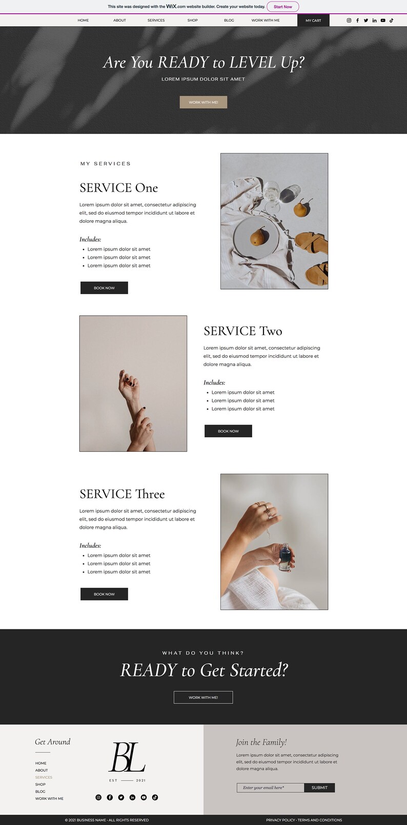 Peut inclure: Une page d'accueil de site Web pour une entreprise proposant des services. Le site Web pr&eacute;sente un sch&eacute;ma de couleurs noir et blanc avec un design minimaliste. Le texte "&Ecirc;tes-vous pr&ecirc;t &agrave; passer au niveau sup&eacute;rieur ?" est affich&eacute; dans une grande taille de police. Le site Web comprend &eacute;galement un bouton d'appel &agrave; l'action qui dit "Travailler avec moi".