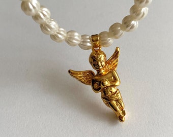 Round Pearl Angel Necklace, Religious Angel Necklace, Gift Necklace