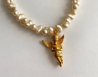 Pearl Angel Necklace, Gift Necklace, Baby Angel Necklace, Religious Angel Necklace