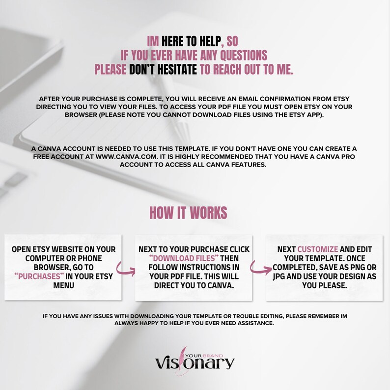 May include: A pink and white graphic with instructions on how to download and use a Canva template. The text reads "IM HERE TO HELP, SO IF YOU EVER HAVE ANY QUESTIONS PLEASE DON'T HESITATE TO REACH OUT TO ME." and "HOW IT WORKS".