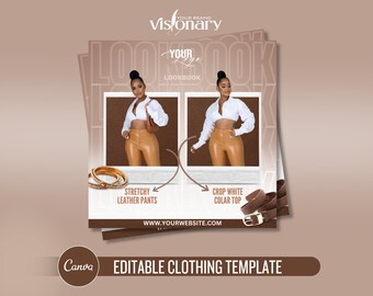 May include: A digital template for a clothing lookbook featuring a woman wearing a white crop top and brown leather trousers. The template includes the text "YOUR BRAND Visionary" and "YOUR LOOKBOOK".