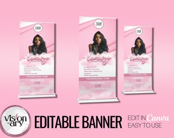 Plantilla de banner desplegable retráctil Heavenly Pink de bricolaje en Canva, banner de visualización, banner de tienda emergente, banner de cabello