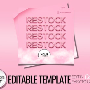 May include: Pink and white social media graphic with the text "RESTOCK" repeated four times in a bold, 3D font. The graphic also includes the text "YOUR LOGO" in a circle.