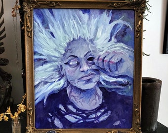 Gothic witchy gift. Dark horror macabre wall art decor. Zombie girl artwork, original painting.