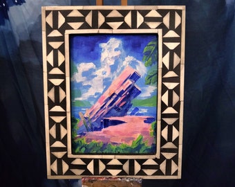 Slate cliff. Bright scifi painting. Original artwork.
