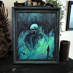 Gothic halloween gift. Dark horror goth wall art decor. Macabre spooky original oil painting, skull grim reaper artwork.