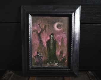 Stagnant, Dark gothic oil painting, skeleton core decor, horror artwork.
