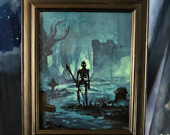 Halloween gift. Gothic horror wall art, dark macabre graveyard painting. creepy occult artwork.