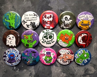 Large Badges/buttons. 55mm, (2.25 inch.) Handmade Punk Goth accessories pins, alt fashion, Funny pinback art badges.