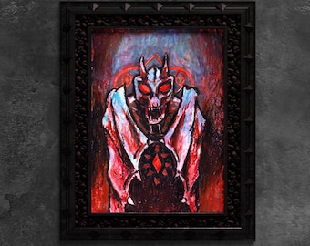 Nightmare creature. PRINTED artwork. Gothic oil pastel print.