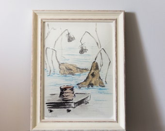 Estanque de loto en hielo / Pintura original japonesa sumi-e