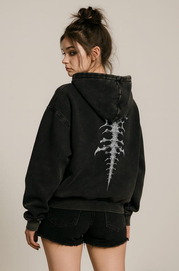 Cybersigilism Spine Graphic Hoodie, Grunge Style, Band Style Hoodie - Snow Washed Loose Cotton Hoodie Gift For Her