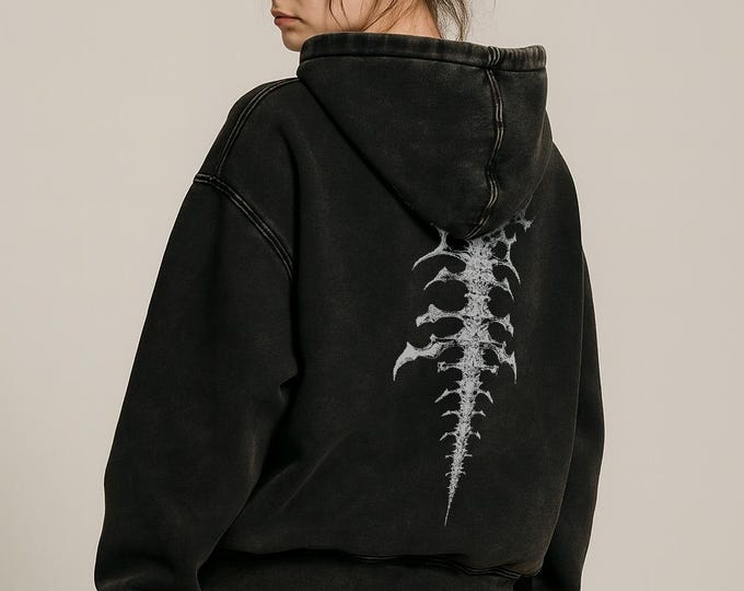 Cybersigilism Spine Graphic Hoodie, Grunge Style, Band Style Hoodie - Snow Washed Loose Cotton Hoodie Gift For Her