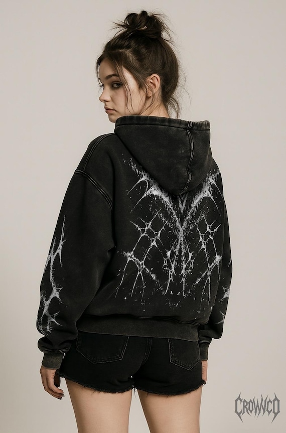 Cybersigilism, Graphic Hoodie, Grunge Style, Band Style Hoodie - Snow Washed Loose Cotton Hoodie Gift For Her