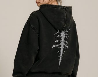 Cybersigilism Spine Graphic Hoodie, Grunge Style, Band Style Hoodie - Snow Washed Loose Cotton Hoodie Gift For Her