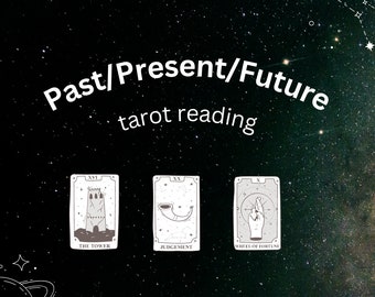 May include: Tarot card reading with three cards: The Tower, Judgement, and Wheel of Fortune. The cards are laid out in a past, present, future format.
