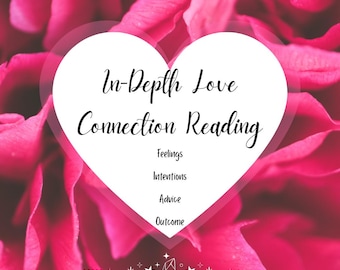 May include: A heart-shaped graphic with the text "In-Depth Love Connection Reading" against a backdrop of pink rose petals. The graphic lists "Feelings, Intentions, Advice, Outcome" below the title. Decorative stars and a crescent moon are at the bottom.
