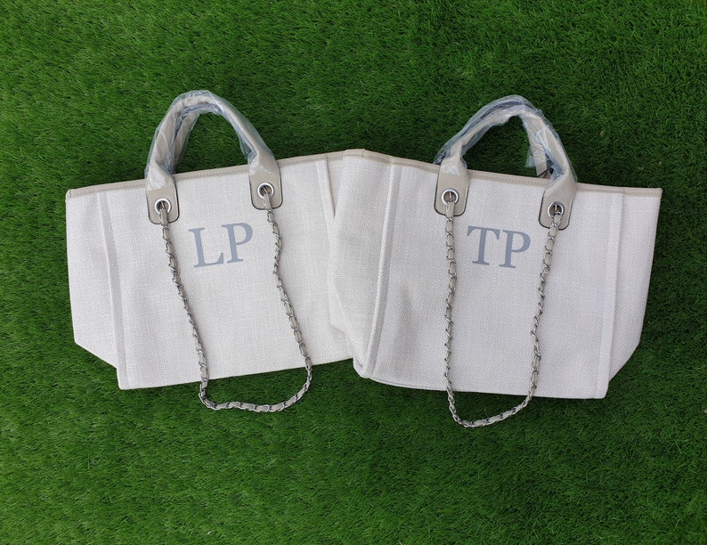 Personalised canvas chain initial bag/Work bag/Gifts for her/Handbag/Shoulder bag/Beach bag/Hand luggage/Gifts for Mum/Tote/Medium size Cream/beige/grey