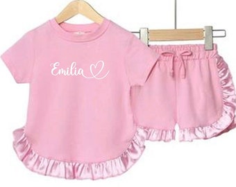 Girls summer satin frill shorts and t-shirt cotton set/Personalised girls clothing/Personalised kids clothing/Sibling sets