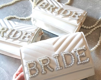 Personalised pearl Bride bag/Bridal bag/Hen do bag/Honeymoon bag/Clutch bag/Embellished bag/Shoulder bag/Women's bag/Wedding bag/White bag