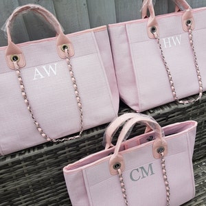 Personalised canvas chain initial bag/Work bag/Gifts for her/Handbag/Shoulder bag/Beach bag/Hand luggage/Gifts for Mum/Tote/Medium size Baby pink