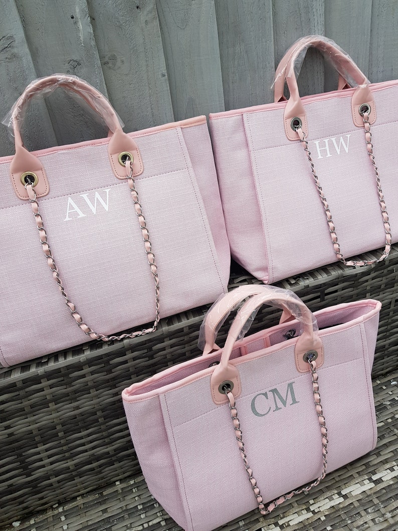 Personalised canvas chain initial bag/Work bag/Gifts for her/Handbag/Shoulder bag/Beach bag/Hand luggage/Gifts for Mum/Tote/Medium size Baby pink