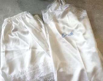 White satin lace Bride pyjamas/Bridal pyjamas/Cami pyjamas/Shorts pyjamas/Personalised pyjamas/Wedding day pjs/Bridal pjs/Bride cami set