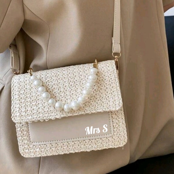 Personalised bridal pearl straw bag/Bride bag/Shoulder bag/Crossbody bag/Hen do bag/Honeymoon bag/Initial bag/Beach bag/Summer bag