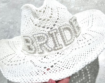 Bride hat/Bridal hat/Cowboy hat/Hen do hat/Cowgirl hat/Mrs hat/Woven hat/White hat/Bride gift/Bride to be/Honeymoon