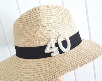Birthday hat/18 hat/30 hat/40 hat/Womens hat/Sun hat/Straw hat/Celebration hat/Customised hat/Rhinestone numbers/Fedora hat